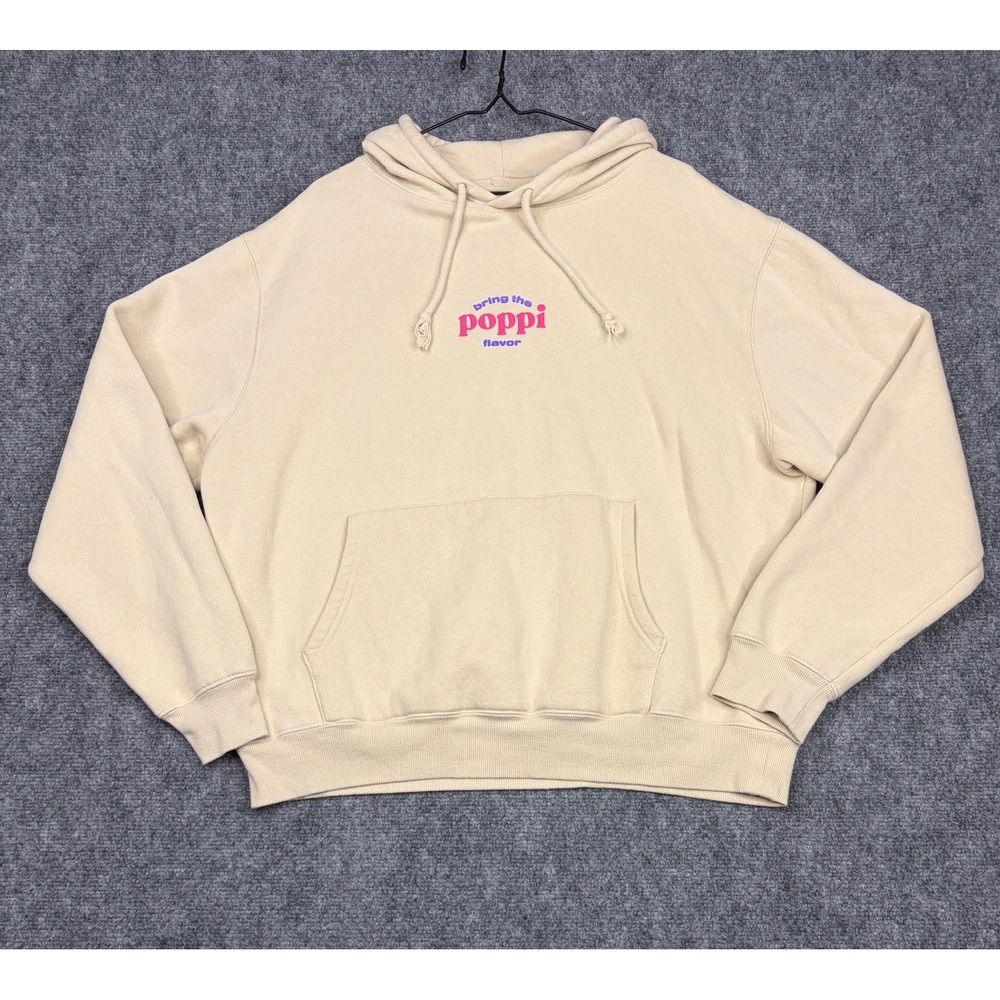Poppi Prebiotic Soda Wanna Get Juicy Hoodie Cream Beige XL Graphic Sweatshirt